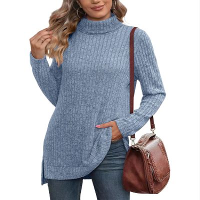 ebossy Women's Turtleneck Ribbed Knit Sweater Long Sleeve Side Split Asymmetrical Pullover Tunic Top (L, Blue)