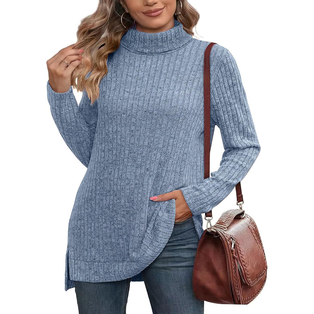 ebossy Women's Turtleneck Ribbed Knit Sweater Long Sleeve Side Split Asymmetrical Pullover Tunic Top (L, Blue)