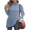 ebossy Women's Turtleneck Ribbed Knit Sweater Long Sleeve Side Split Asymmetrical Pullover Tunic Top (L, Blue) view 1