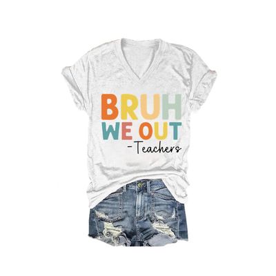 MOGUI Bruh We Out Shirt Bruh We Out Happy Last Day of School T-Shirt, Bruh Teacher T Shirt Casual Vintage T-Shirts Funny Letter V Neck Tee Funny Tank Tops White, 4X-Large