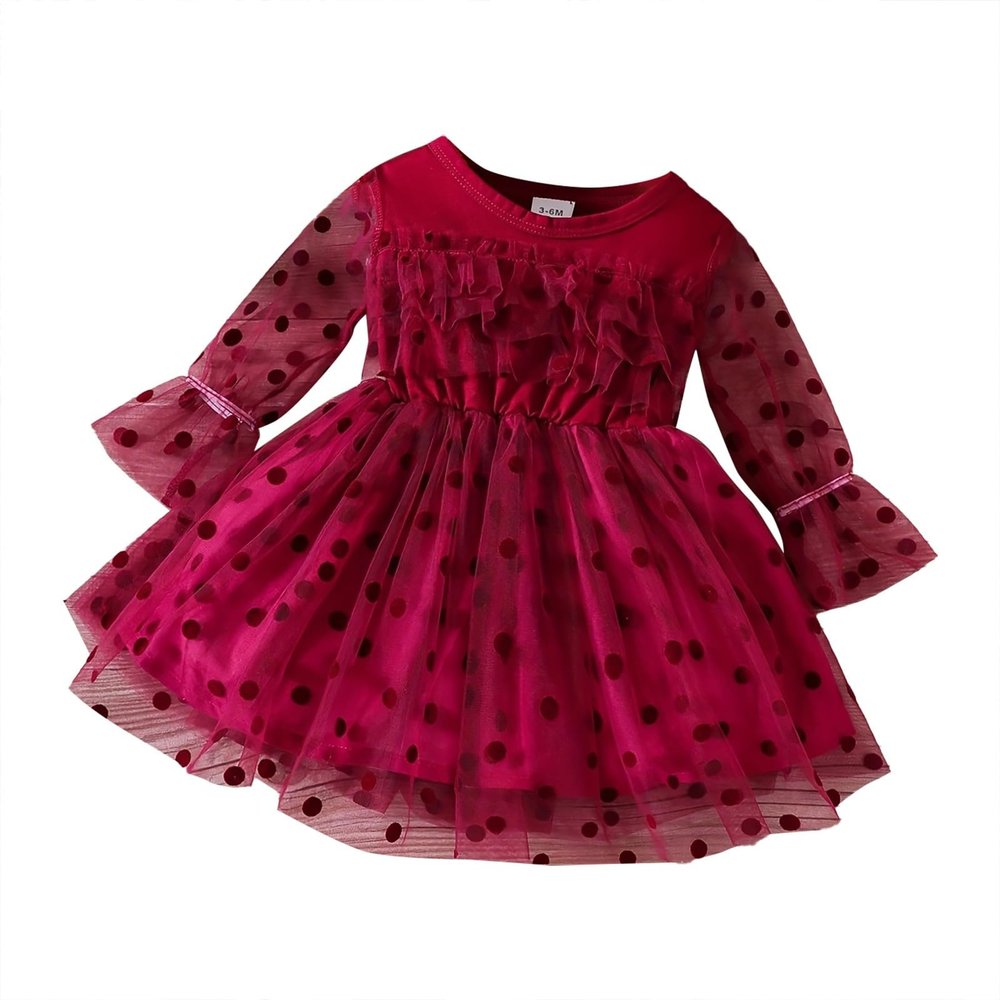 Children Kids Toddler Infant Newborn Baby Girls Long Sleeve Solid Polka Dot Tulle Dress Dress Outfits Clothes Girls Flannel (Red, 3-6 Months)