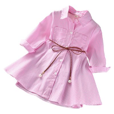 Toddler Girls Spring and Autumn Lapel Long Sleeve Striped Dress Sundress of Casual Shirt Dresses Infant Thanksgiving Dress (Pink, 2-3 Years)