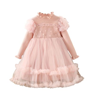 Toddler Girl Long Sleeve Sweater Tulle Patchwork Dress for 1 to 7 Years Party Games Family (Pink, 6-7 Years)