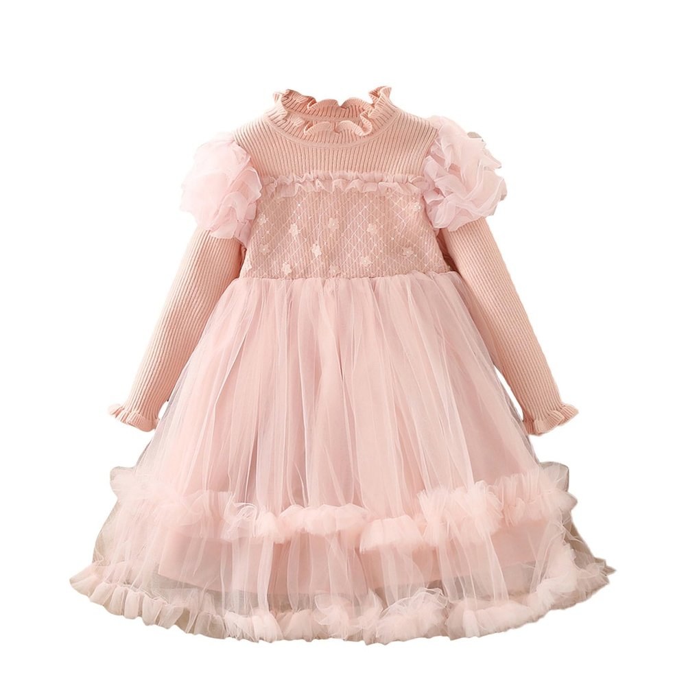 Toddler Girl Long Sleeve Sweater Tulle Patchwork Dress for 1 to 7 Years Party Games Family (Pink, 6-7 Years)