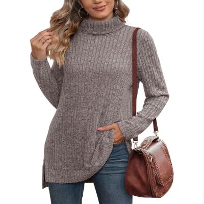 ebossy Women's Turtleneck Ribbed Knit Sweater Long Sleeve Side Split Asymmetrical Pullover Tunic Top (XS, Dark Grey)