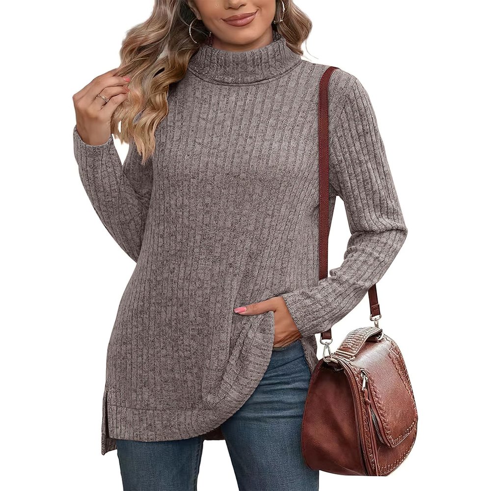 ebossy Women's Turtleneck Ribbed Knit Sweater Long Sleeve Side Split Asymmetrical Pullover Tunic Top (XS, Dark Grey)