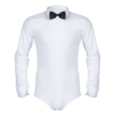 Yhong Men's Tuxedo Leotard One-Piece Bowtie Bodysuit Tops Modern Dance Shirt Latin Salsa Ballroom Dance Shirt White Large