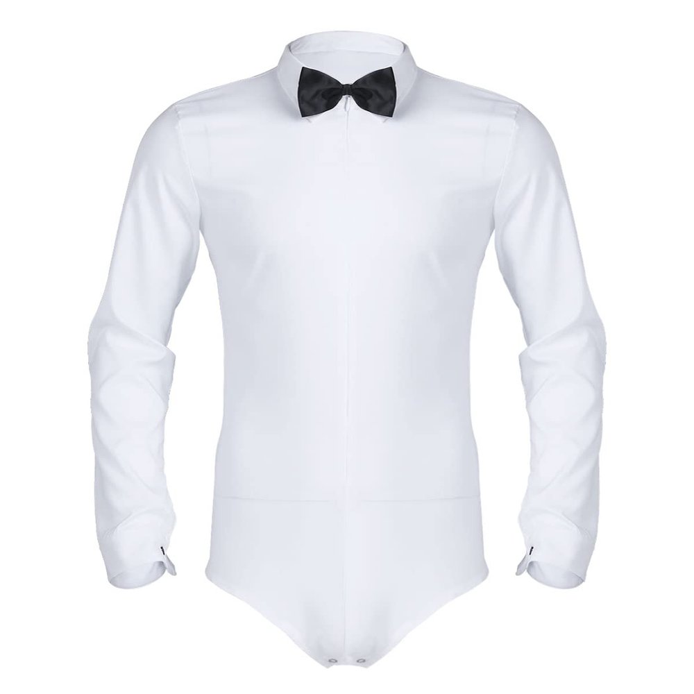 Yhong Men's Tuxedo Leotard One-Piece Bowtie Bodysuit Tops Modern Dance Shirt Latin Salsa Ballroom Dance Shirt White Large