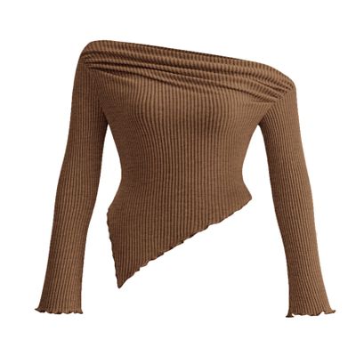 PRETTYGARDEN Women's Fall Off the Shoulder Long Sleeve Tops Brown,M