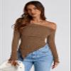 PRETTYGARDEN Women's Fall Off the Shoulder Long Sleeve Tops Brown,M view 3