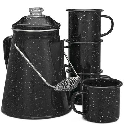 COLETTI Classic Enamel Set Coffee Percolator & Mugs  The Most Nostalgic Camping Coffee Pot, Now Modernized [Black Enamel, 12 Cup Percolator Coffee Pot & Set of 4 Mugs]