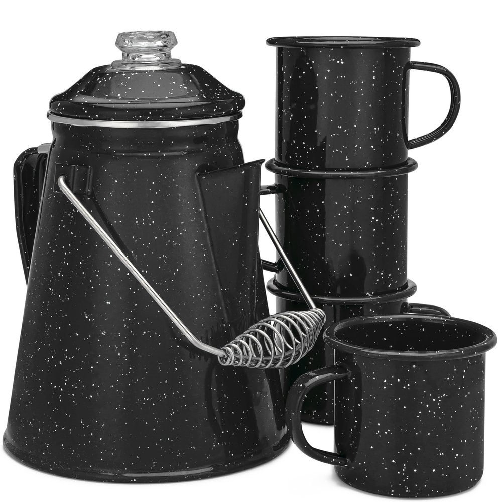 COLETTI Classic Enamel Set Coffee Percolator & Mugs  The Most Nostalgic Camping Coffee Pot, Now Modernized [Black Enamel, 12 Cup Percolator Coffee Pot & Set of 4 Mugs]