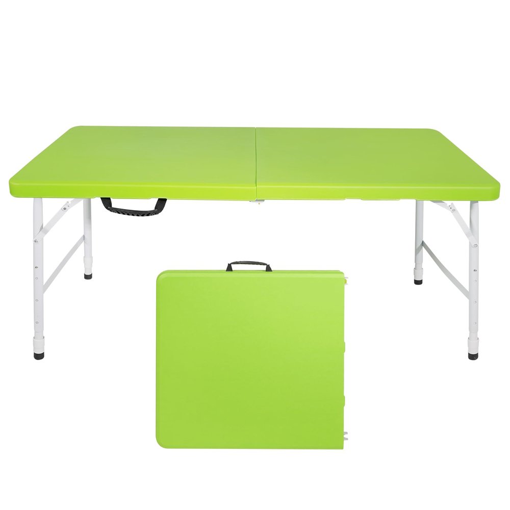4 Foot Portable Folding Table Adjustable Height Lightweight Indoor Outdoor Picnic Beach Camping Dining Fold Out Table, Iron Utility Table Folding Desk with Carry Handle (Green, 4ft)