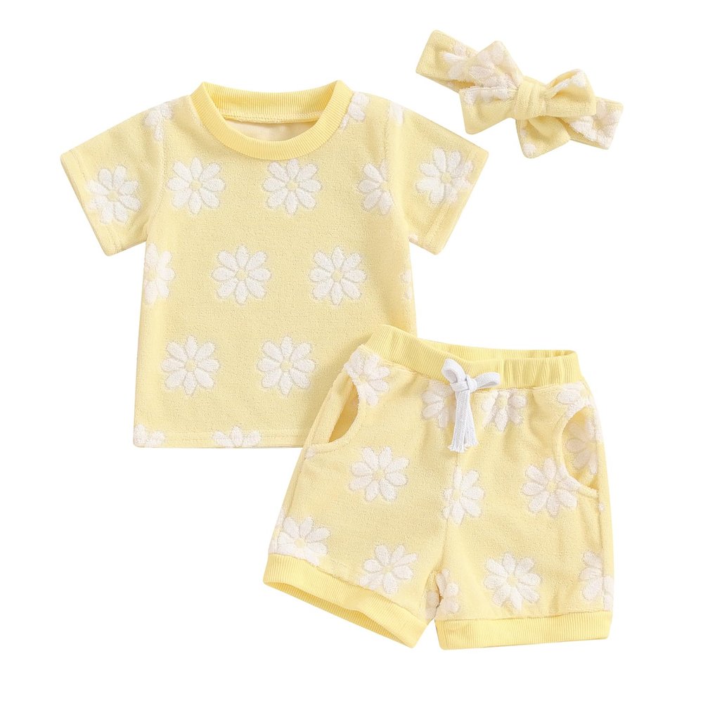 MOLZULAMS 0-3T Toddler Baby Girl Summer Clothes Short Sleeve Floral Tshirt Tops and Shorts Set Oversized Outfit Boho Clothes (H-Yellow, 6-12 Months)