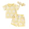MOLZULAMS 0-3T Toddler Baby Girl Summer Clothes Short Sleeve Floral Tshirt Tops and Shorts Set Oversized Outfit Boho Clothes (H-Yellow, 6-12 Months) view 1