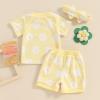 MOLZULAMS 0-3T Toddler Baby Girl Summer Clothes Short Sleeve Floral Tshirt Tops and Shorts Set Oversized Outfit Boho Clothes (H-Yellow, 6-12 Months) view 2