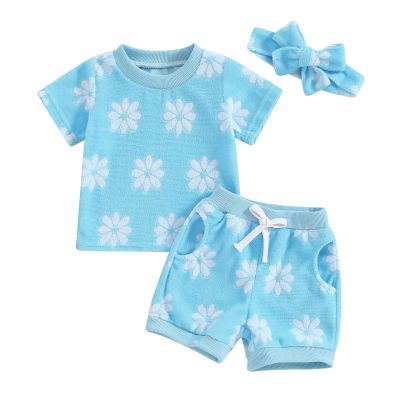 MOLZULAMS 0-3T Toddler Baby Girl Summer Clothes Short Sleeve Floral Tshirt Tops and Shorts Set Oversized Outfit Boho Clothes (H-Blue, 12-18 Months)