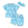 MOLZULAMS 0-3T Toddler Baby Girl Summer Clothes Short Sleeve Floral Tshirt Tops and Shorts Set Oversized Outfit Boho Clothes (H-Blue, 12-18 Months) view 1