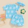 MOLZULAMS 0-3T Toddler Baby Girl Summer Clothes Short Sleeve Floral Tshirt Tops and Shorts Set Oversized Outfit Boho Clothes (H-Blue, 12-18 Months) view 2