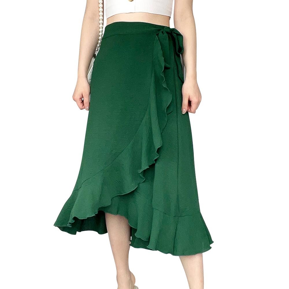 OBEEII Wrap Skirts for Women 2024 Summer Trendy Casual High Low Long Beach Skirt High Waisted Flowy Ruffle Hem A-line Wrap Around Skirt Self Tie Asymmetrical Split Midi Skirt Green S