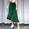 OBEEII Wrap Skirts for Women 2024 Summer Trendy Casual High Low Long Beach Skirt High Waisted Flowy Ruffle Hem A-line Wrap Around Skirt Self Tie Asymmetrical Split Midi Skirt Green S view 2