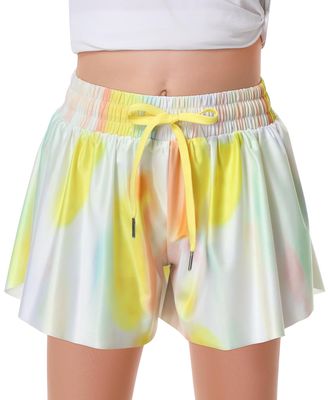 Girls Flowy Shorts Butterfly Shorts for Kids with Pocket 2-in-1 Athletic Shorts Running Shorts for Girls Youth Teen Active Workout Sports (Tie Dye Yellow, Large)