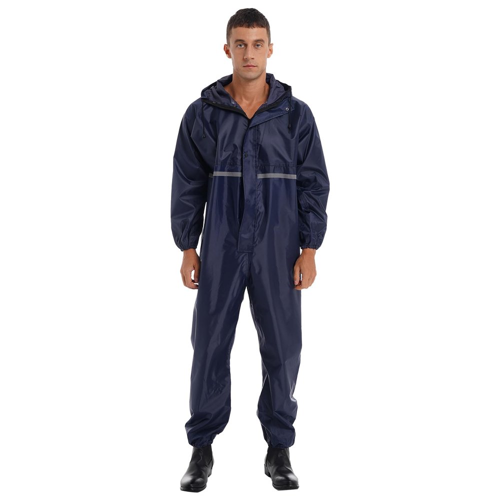 Linjinx Men's One Piece Hooded Raincoat Waterproof Rain Suit Reflective Jumpsuit Coveralls Motorcycle Rainsuit Navy Blue X-Large