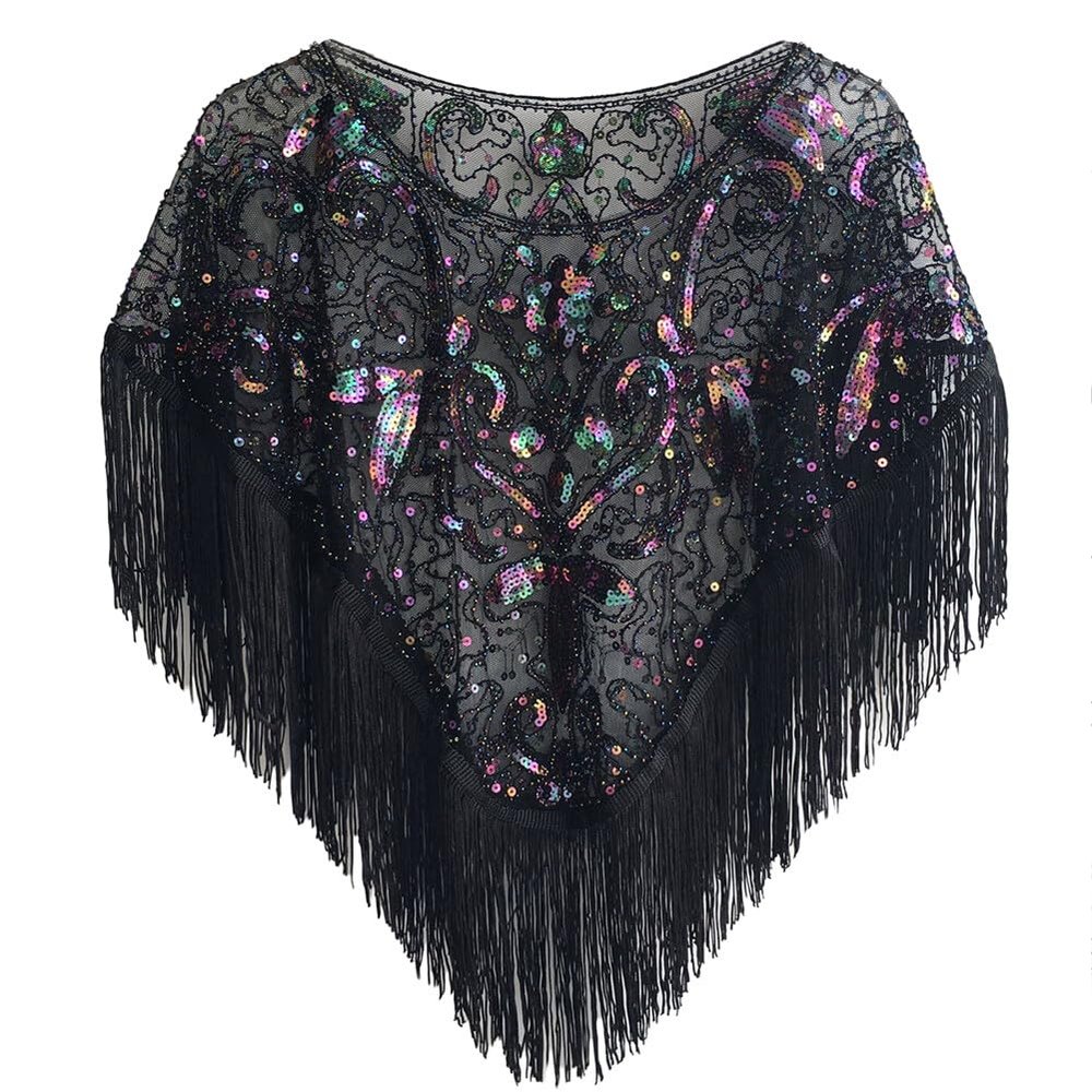 1920s Sequin Shawl Wraps Fringed Evening Cape Gatsby Party Flapper Cover Up Wedding Bridal Shawl for Women
