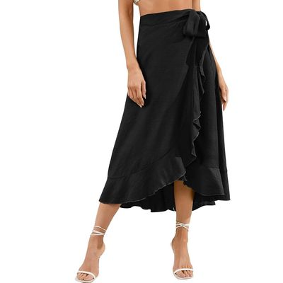 OBEEII Wrap Skirts for Women 2024 Summer Trendy Casual High Low Long Beach Skirt High Waisted Flowy Ruffle Hem A-line Wrap Around Skirt Self Tie Asymmetrical Split Midi Skirt Black L