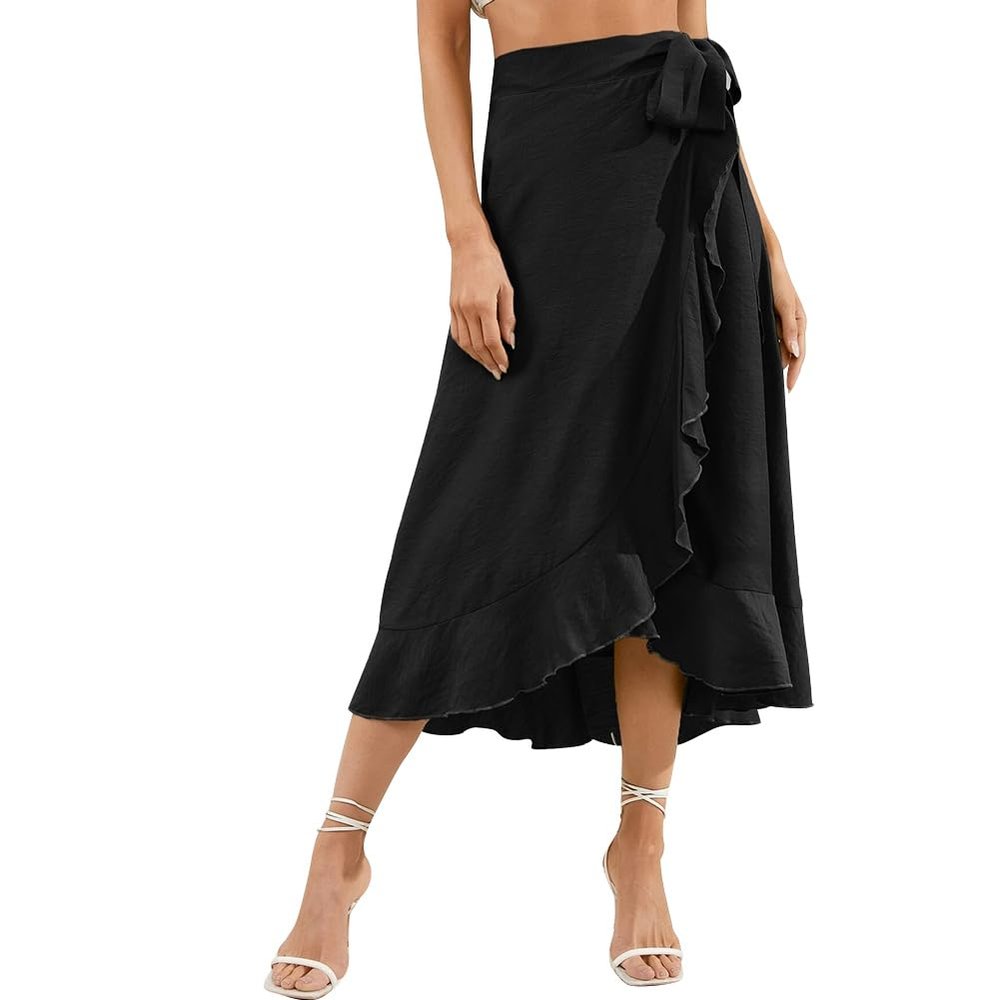 OBEEII Wrap Skirts for Women 2024 Summer Trendy Casual High Low Long Beach Skirt High Waisted Flowy Ruffle Hem A-line Wrap Around Skirt Self Tie Asymmetrical Split Midi Skirt Black L
