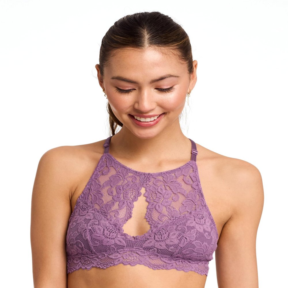 Miley Halter Lace Bralette for Women, Unpadded & Unlined Wireless High-Neck Bra, Perfect Adjustable Keyhole Lingerie (X-Small, Orchid-Mist)