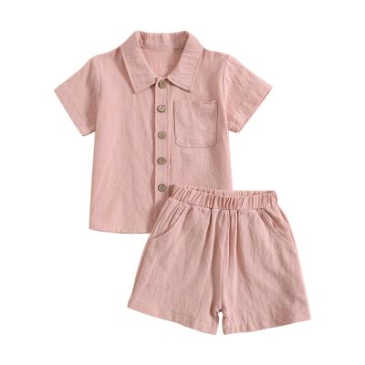 AMIMOJY Baby Boys Summer Clothes Cotton Linen Casual Suit Toddler Solid Color Short Sleeve Lapel Polo Tops Shorts 2Pcs Set, 18-24 Months