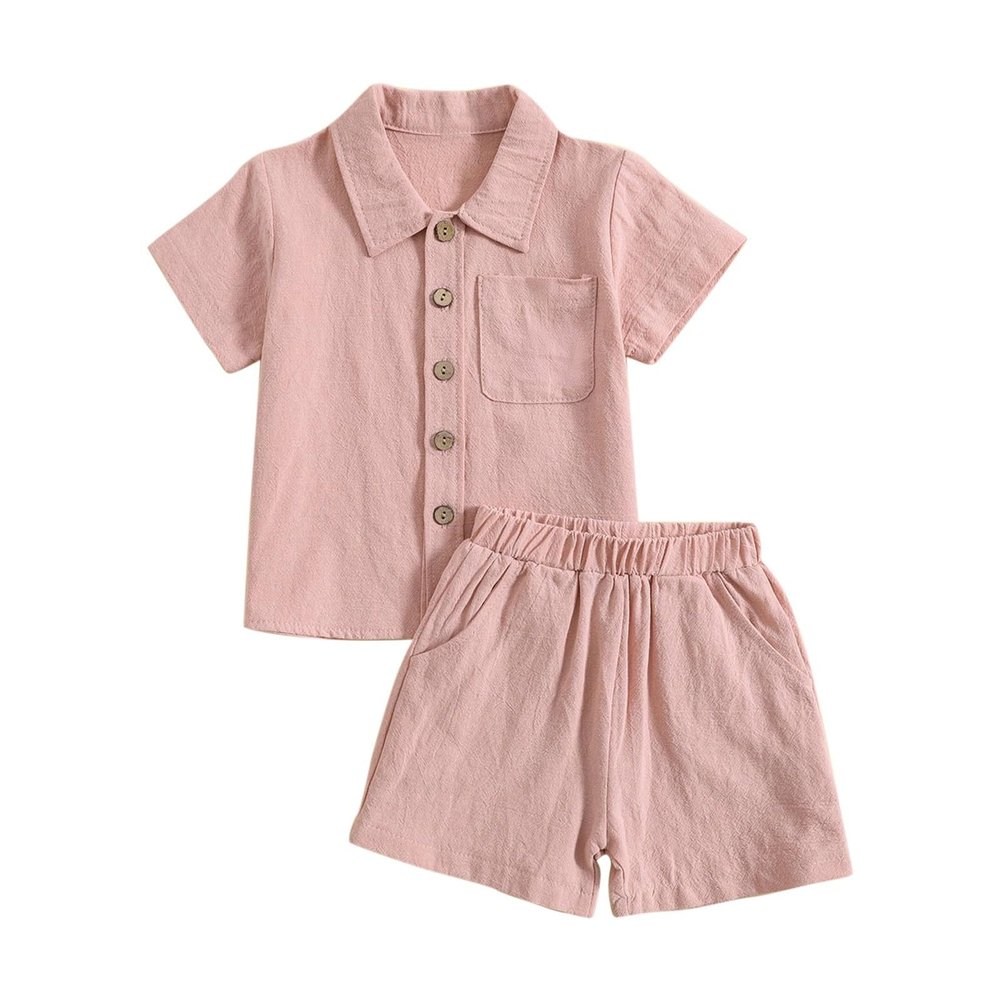 AMIMOJY Baby Boys Summer Clothes Cotton Linen Casual Suit Toddler Solid Color Short Sleeve Lapel Polo Tops Shorts 2Pcs Set, 18-24 Months