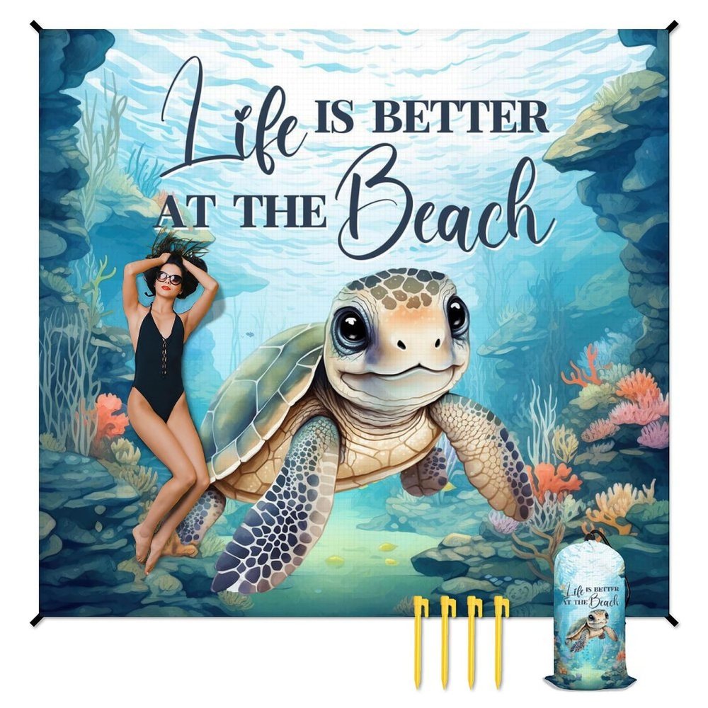 Beach Blanket - Beach Mat Sand Free Waterproof - 110x118 Inch Oversized Beach Blanket with 4 Corner Pockets & Stakes - Lightweight Beach Mats with Portable Bag - Summer Essentials for Travel & Picnic