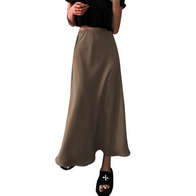 IDOPIP Women High Waist Satin Skirt Elegant Summer Long Maxi Skirt Formal Trendy Ruffle Work Skirts Elastic Waistband Casual Midi Skirt Wedding Guest Silk Skirt Coffee XXL