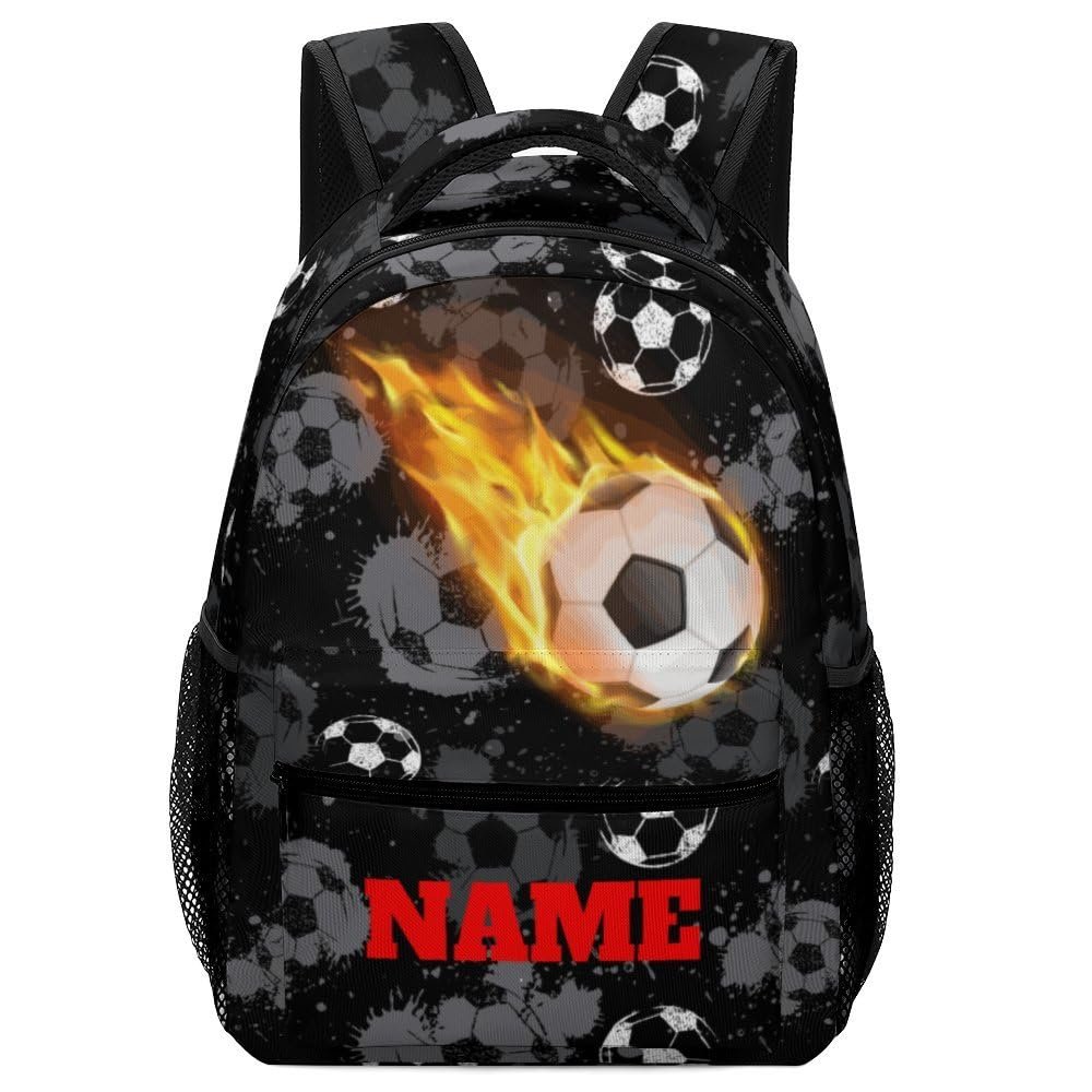 Custom Black Football Fire Backpack for Kids Boys Girls Personalized Name Text Children Backpack School Bag Customized Daypack Schoolbag for Student Bookbag