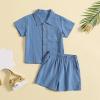 AMIMOJY Baby Boys Summer Clothes Cotton Linen Casual Suit Toddler Solid Color Short Sleeve Lapel Polo Tops Shorts 2Pcs Set, 4-5 Years, Dark Blue view 2
