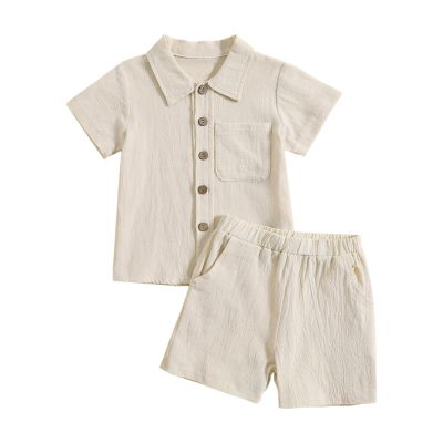 AMIMOJY Baby Boys Summer Clothes Cotton Linen Casual Suit Toddler Solid Color Short Sleeve Lapel Polo Tops Shorts 2Pcs Set, 18-24 Months, Beige
