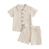 AMIMOJY Baby Boys Summer Clothes Cotton Linen Casual Suit Toddler Solid Color Short Sleeve Lapel Polo Tops Shorts 2Pcs Set, 18-24 Months, Beige view 1
