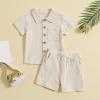 AMIMOJY Baby Boys Summer Clothes Cotton Linen Casual Suit Toddler Solid Color Short Sleeve Lapel Polo Tops Shorts 2Pcs Set, 18-24 Months, Beige view 2