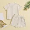 AMIMOJY Baby Boys Summer Clothes Cotton Linen Casual Suit Toddler Solid Color Short Sleeve Lapel Polo Tops Shorts 2Pcs Set, 18-24 Months, Beige view 3