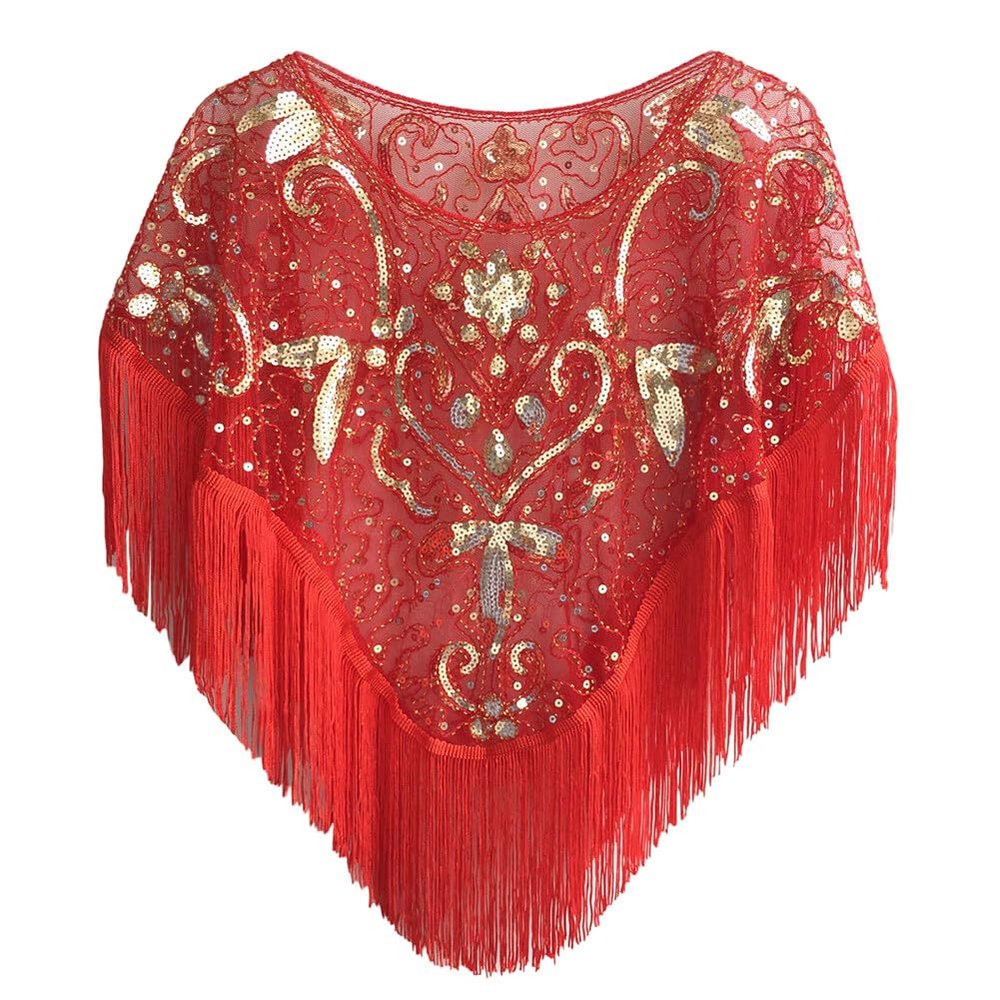 1920s Sequin Shawl Wraps Fringed Evening Cape Gatsby Party Flapper Cover Up Wedding Bridal Shawl for Women