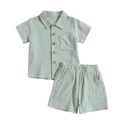 AMIMOJY Baby Boys Summer Clothes Cotton Linen Casual Suit Toddler Solid Color Short Sleeve Lapel Polo Tops Shorts 2Pcs Set, 18-24 Months
