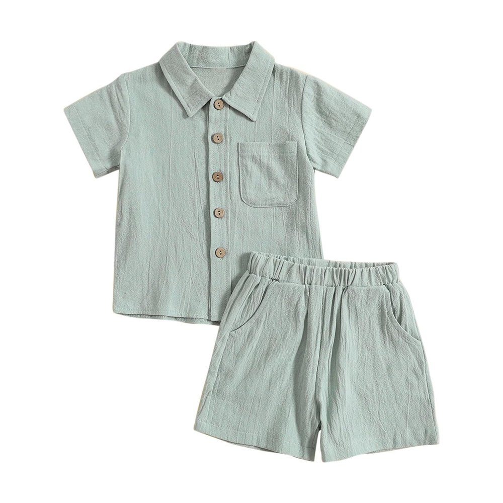 AMIMOJY Baby Boys Summer Clothes Cotton Linen Casual Suit Toddler Solid Color Short Sleeve Lapel Polo Tops Shorts 2Pcs Set, 18-24 Months