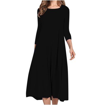 NaRHbrg Women's Summer Casual Boho Dress 3/4 Sleeve Loose Casual Long Maxi Dresses Beach Long Dress Casual Loose Sundress Black