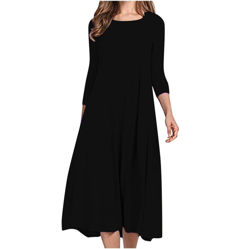 NaRHbrg Women's Summer Casual Boho Dress 3/4 Sleeve Loose Casual Long Maxi Dresses Beach Long Dress Casual Loose Sundress Black