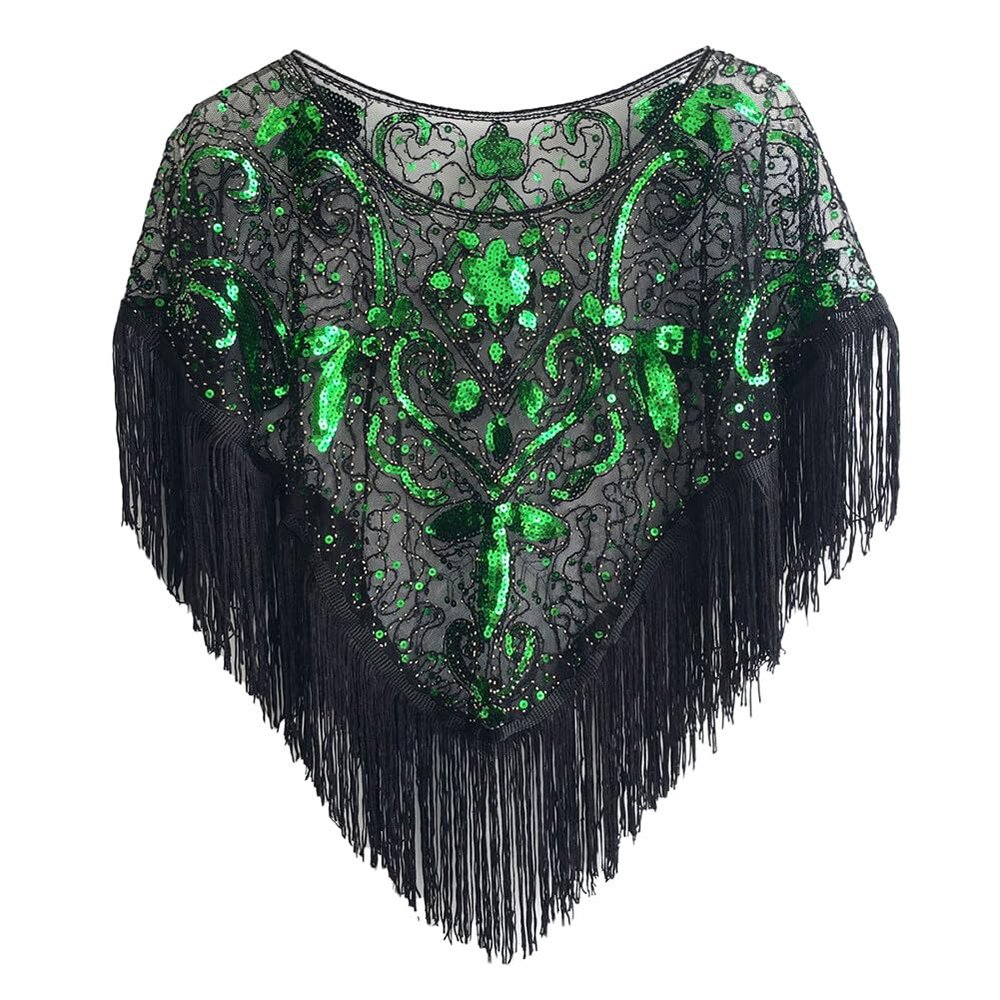 1920s Sequin Shawl Wraps Fringed Evening Cape Gatsby Party Flapper Cover Up Wedding Bridal Shawl for Women