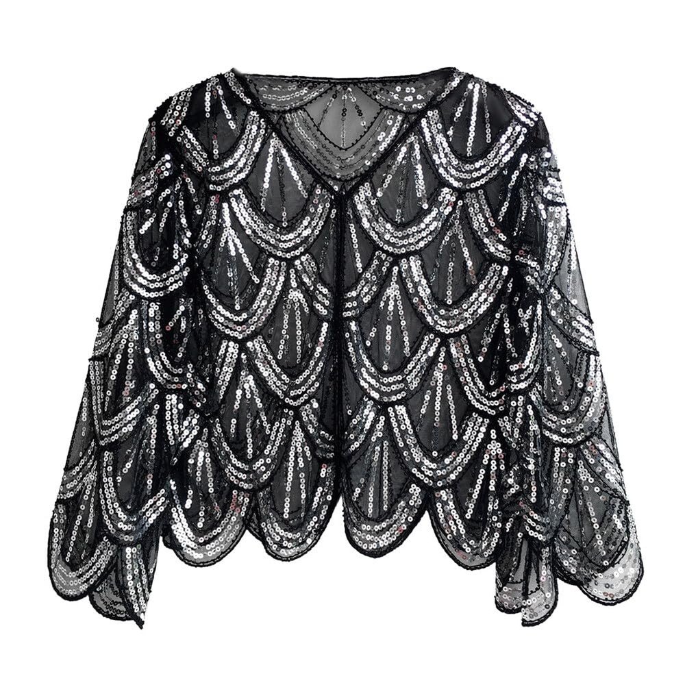 1920s Sequin Beaded Shawl Wraps Women's Flapper Shawl Wedding Cape Flapper Cover Up for Gatsby Party