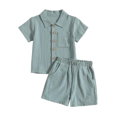 AMIMOJY Baby Boys Summer Clothes Cotton Linen Casual Suit Toddler Solid Color Short Sleeve Lapel Polo Tops Shorts 2Pcs Set, 6-12 Months, Light Blue