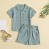 AMIMOJY Baby Boys Summer Clothes Cotton Linen Casual Suit Toddler Solid Color Short Sleeve Lapel Polo Tops Shorts 2Pcs Set, 6-12 Months, Light Blue view 2